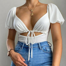 Load image into Gallery viewer, 2021 Summer Fashion New Personality V Neck Hollow Beautiful Drawstring Bubble Short Sleeved Tie Short Women&#39;s Top