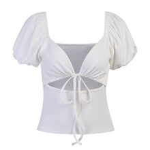 Load image into Gallery viewer, 2021 Summer Fashion New Personality V Neck Hollow Beautiful Drawstring Bubble Short Sleeved Tie Short Women&#39;s Top