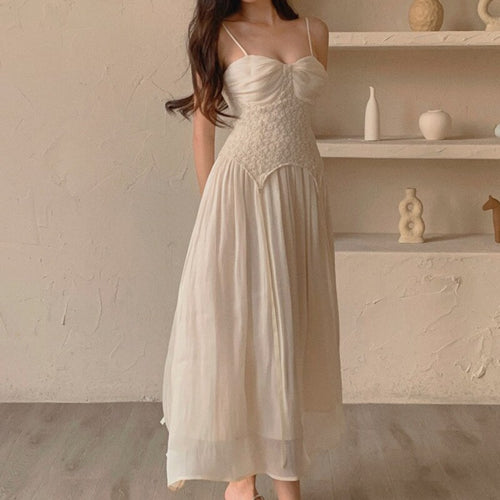 2021 Summer Fashion New Solid Color Sexy Dress Women's White Sling Halter Lace Stitching Shrink Waist Slim Vintage Robe Vestidos