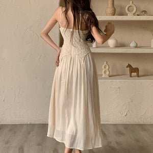 2021 Summer Fashion New Solid Color Sexy Dress Women's White Sling Halter Lace Stitching Shrink Waist Slim Vintage Robe Vestidos
