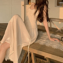 Load image into Gallery viewer, 2021 Summer Fashion New Solid Color Sexy Dress Women&#39;s White Sling Halter Lace Stitching Shrink Waist Slim Vintage Robe Vestidos