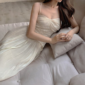 2021 Summer Fashion New Solid Color Sexy Dress Women's White Sling Halter Lace Stitching Shrink Waist Slim Vintage Robe Vestidos