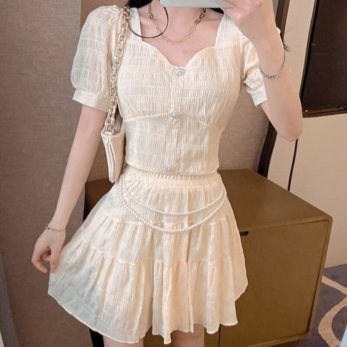 2021 Summer Fashion Sweet Short Short Sleeve Crop Top+ Elastic Pleated Mini Skirts Fried Street Wild 2 Piece Sets Womens Outfits