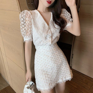 2021 Summer Fashion Two Piece Set Women Sweet Lace Lapel Puff Sleeve Embroidery Shirt Top + High Waist A-Line Mini Skirt Suit