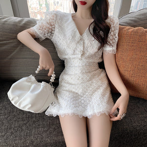 2021 Summer Fashion Two Piece Set Women Sweet Lace Lapel Puff Sleeve Embroidery Shirt Top + High Waist A-Line Mini Skirt Suit