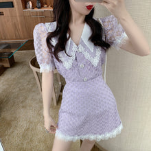 Load image into Gallery viewer, 2021 Summer Fashion Two Piece Set Women Sweet Lace Lapel Puff Sleeve Embroidery Shirt Top + High Waist A-Line Mini Skirt Suit
