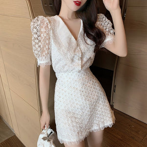2021 Summer Fashion Two Piece Set Women Sweet Lace Lapel Puff Sleeve Embroidery Shirt Top + High Waist A-Line Mini Skirt Suit