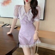 Load image into Gallery viewer, 2021 Summer Fashion Two Piece Set Women Sweet Lace Lapel Puff Sleeve Embroidery Shirt Top + High Waist A-Line Mini Skirt Suit