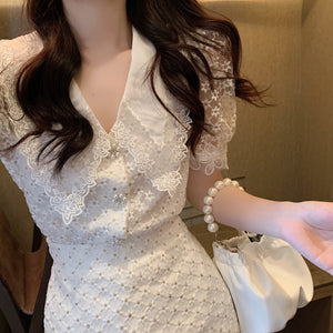 2021 Summer Fashion Two Piece Set Women Sweet Lace Lapel Puff Sleeve Embroidery Shirt Top + High Waist A-Line Mini Skirt Suit