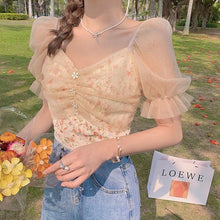 Load image into Gallery viewer, 2021 Summer Floral Kawaii Top Women Print Short Sleeve Elegant Chic Korean Clothing Holiday French Retro Pretty Lace Tops Female