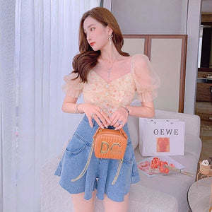 2021 Summer Floral Kawaii Top Women Print Short Sleeve Elegant Chic Korean Clothing Holiday French Retro Pretty Lace Tops Female