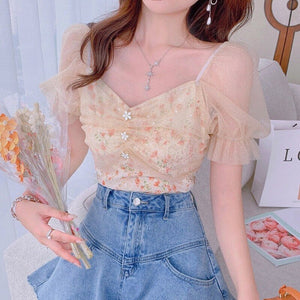 2021 Summer Floral Kawaii Top Women Print Short Sleeve Elegant Chic Korean Clothing Holiday French Retro Pretty Lace Tops Female