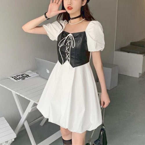 2021 Summer Harajuku Y2k Mini Dress Women Patchwork Bandage Fit Chic Designer Dress Short Sleeve High Street Korean Casual Dress