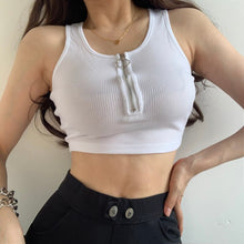 Load image into Gallery viewer, 2021 Summer High Waist Short Crop Top Feminine Fashion Round Neck Zipper T-Shirt European And American Street Sports White Top