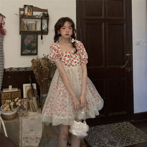 2021 Summer Kawaii Floral Dress Women Vintage Sweet Cute Fairy Print Mini Dress Japanese Pretty Princess Gauze Puff Sleeve Dress