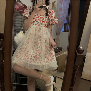 2021 Summer Kawaii Floral Dress Women Vintage Sweet Cute Fairy Print Mini Dress Japanese Pretty Princess Gauze Puff Sleeve Dress