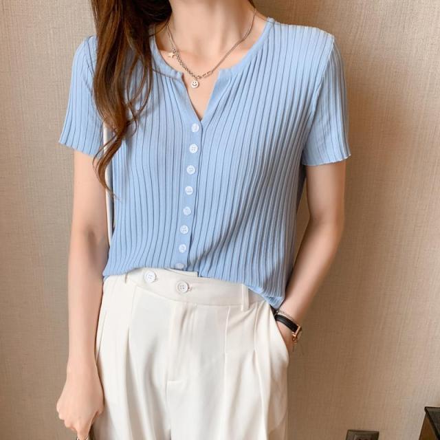 2021 Summer Knitted V-neck Cardigan Knitwear Women Short Sleeve Single Breasted Tops Sweater Solid Korean Fashion Jumpers Femme