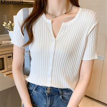 Load image into Gallery viewer, 2021 Summer Knitted V-neck Cardigan Knitwear Women Short Sleeve Single Breasted Tops Sweater Solid Korean Fashion Jumpers Femme