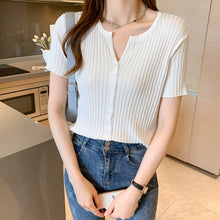 Load image into Gallery viewer, 2021 Summer Knitted V-neck Cardigan Knitwear Women Short Sleeve Single Breasted Tops Sweater Solid Korean Fashion Jumpers Femme