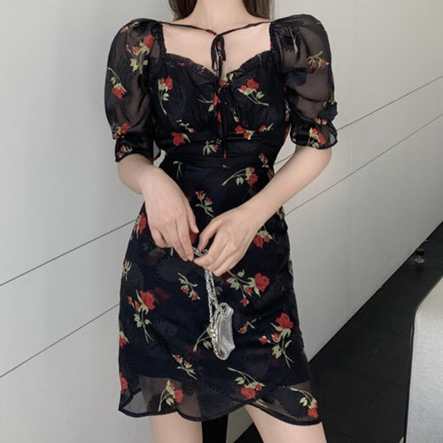 2021 Summer Korean Floral Printed Dress Women Vintage Sweet Short Sleeve Design Party Robe Females Bandage Vestido De Mujer New