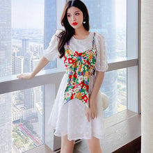 Load image into Gallery viewer, 2021 Summer Korean New Fashion White Chiffon Vintage Dress Fake Two-piece Bowknot Short Sleeve Sexy Party Mini Dress