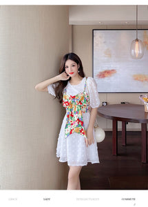 2021 Summer Korean New Fashion White Chiffon Vintage Dress Fake Two-piece Bowknot Short Sleeve Sexy Party Mini Dress