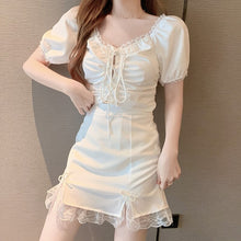 Load image into Gallery viewer, 2021 Summer Lace Patchwork White 2 Piece Sets Womens Outfits Crop Top Korea Short Sleeve Casual Women Strappy Blouses+Mini Skirt