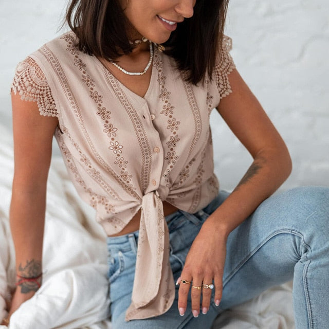 2021 Summer  Lace Patchwork Women's Shirt Sexy V-neck White Bow Crop Top Female Shirts New Sexy Fashion Streetwear Ladies Tops