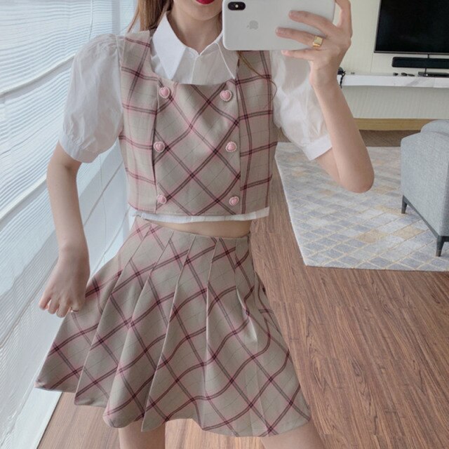 2021 Summer New 3 Piece Sets Womens Outfits White Short Sleeve Shirt+Pleated Mini Skirts+Short Plaid Vest Casual Ensembles Femme