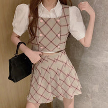 Load image into Gallery viewer, 2021 Summer New 3 Piece Sets Womens Outfits White Short Sleeve Shirt+Pleated Mini Skirts+Short Plaid Vest Casual Ensembles Femme