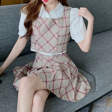 Load image into Gallery viewer, 2021 Summer New 3 Piece Sets Womens Outfits White Short Sleeve Shirt+Pleated Mini Skirts+Short Plaid Vest Casual Ensembles Femme