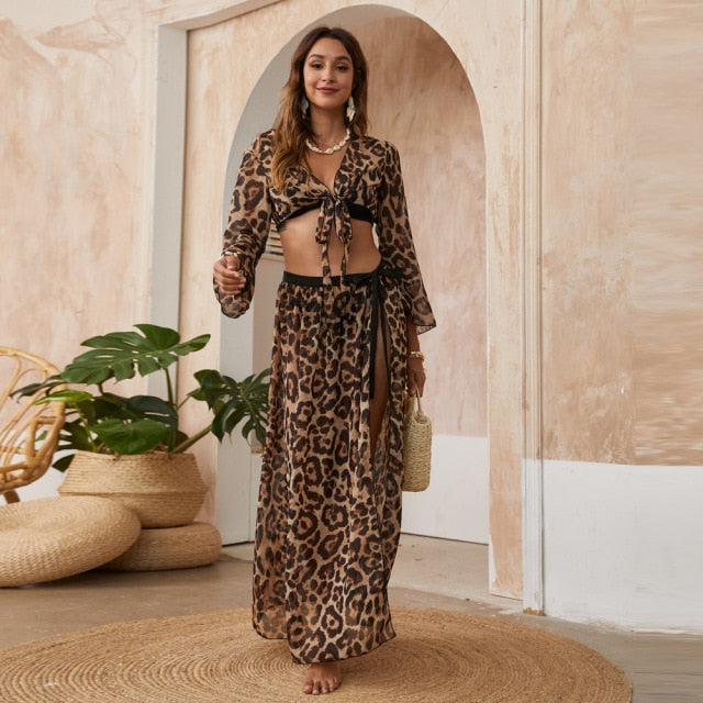 2021 Summer New Beach Vacation Leisure Suit Sexy Perspective Leopard Print Two-Piece Blouse