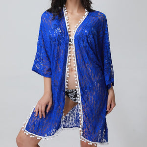 2021 Summer New Blue Camellia Cardigan Blouse Sexy Lace Quarter Sleeve Women