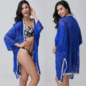 2021 Summer New Blue Camellia Cardigan Blouse Sexy Lace Quarter Sleeve Women