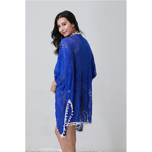 2021 Summer New Blue Camellia Cardigan Blouse Sexy Lace Quarter Sleeve Women