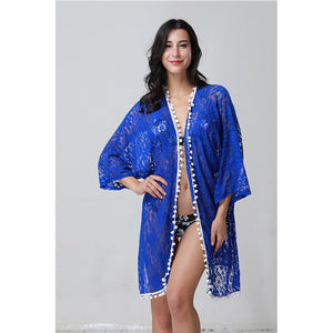 2021 Summer New Blue Camellia Cardigan Blouse Sexy Lace Quarter Sleeve Women