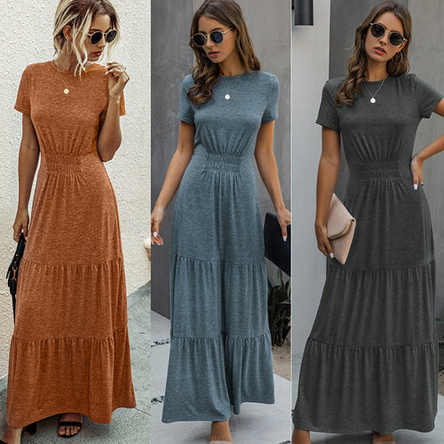 2021 Summer New Casual Maxi Dress Women Elegant O Neck Short Sleeve Solid Draped Hight Waist Ruffle Party Dressses Robe Vestidos