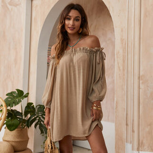 2021 Summer New Dress Sexy One-Neck Micro-Transparent Solid Color Beach Sunscreen Shirt