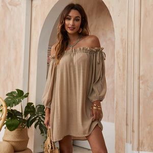 2021 Summer New Dress Sexy One-Neck Micro-Transparent Solid Color Beach Sunscreen Shirt