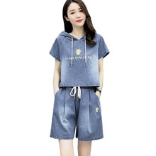 Load image into Gallery viewer, 2021 Summer New Fashion Denim Suit Women Hooded Short Sleeve Denim Jacket Shorts Casual Two-Piece Suits Plus Size Women&#39;s Sets