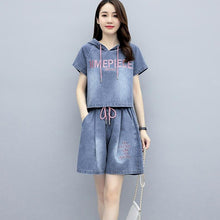 Load image into Gallery viewer, 2021 Summer New Fashion Denim Suit Women Hooded Short Sleeve Denim Jacket Shorts Casual Two-Piece Suits Plus Size Women&#39;s Sets