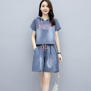 2021 Summer New Fashion Denim Suit Women Hooded Short Sleeve Denim Jacket Shorts Casual Two-Piece Suits Plus Size Women's Sets