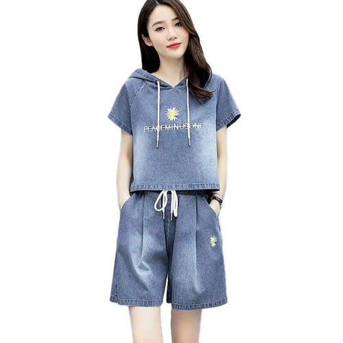 2021 Summer New Fashion Denim Suit Women Hooded Short Sleeve Denim Jacket Shorts Casual Two-Piece Suits Plus Size Women's Sets