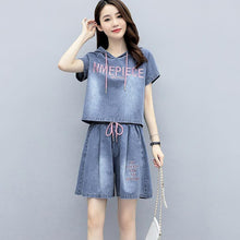 Load image into Gallery viewer, 2021 Summer New Fashion Denim Suit Women Hooded Short Sleeve Denim Jacket Shorts Casual Two-Piece Suits Plus Size Women&#39;s Sets