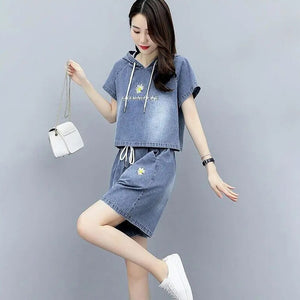 2021 Summer New Fashion Denim Suit Women Hooded Short Sleeve Denim Jacket Shorts Casual Two-Piece Suits Plus Size Women's Sets