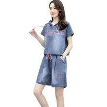 Load image into Gallery viewer, 2021 Summer New Fashion Denim Suit Women Hooded Short Sleeve Denim Jacket Shorts Casual Two-Piece Suits Plus Size Women&#39;s Sets