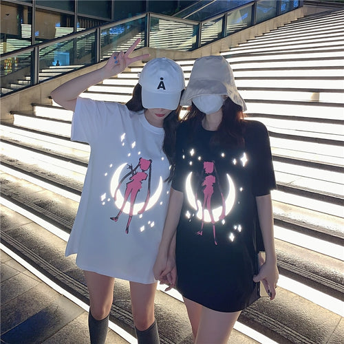 2021 Summer New Fashion Ins Super Fire Colorful Reflective Sailor Moon T-shirt Loose and Versatile Tops Fluorescence