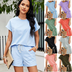 2021 Summer New Fashion Solid Color Thin Cotton Sweatshirt Curled Drawstring Shorts Sports And Leisure Two-Piece Suit
