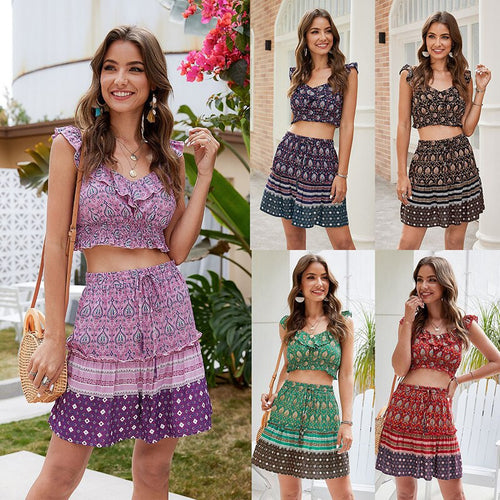 2021 Summer New Fashion Women's Printed V-Neck Sling Holiday Leisure Suit