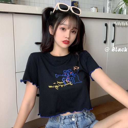 2021 Summer New Ladies Short Sleeve Graffiti Print Color Matching Wave Edge Slim Short T-shirt Women's Tops Fashion Tee Shirt